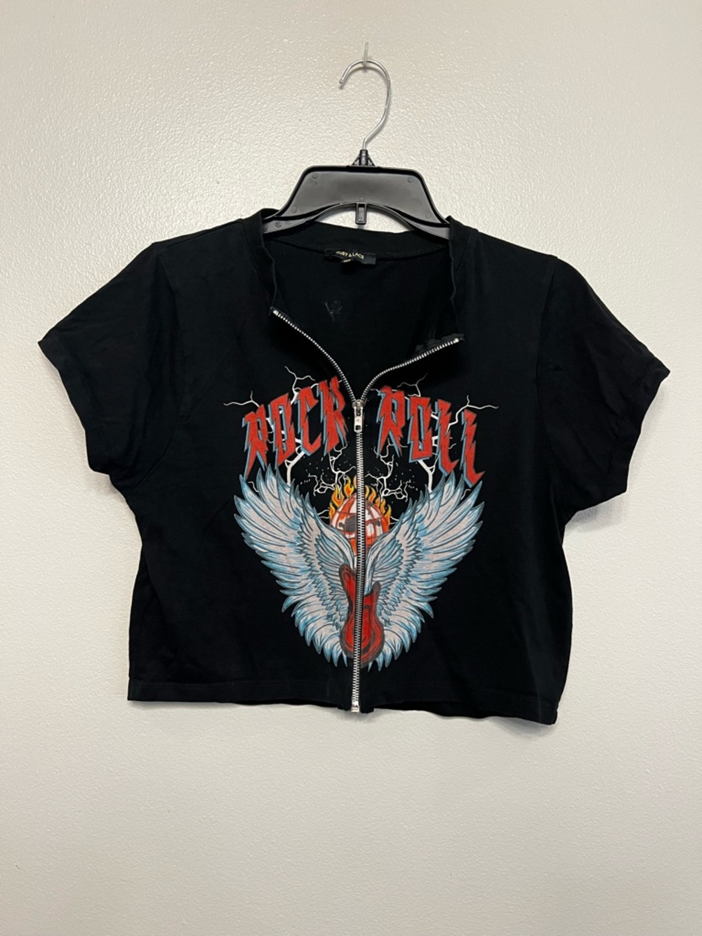 Rock 'n' Roll Zip-Front Graphic Tee Black Punk Biker-core Crop Top Wings